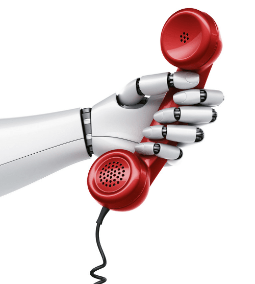 white robot hand holding a red telephone